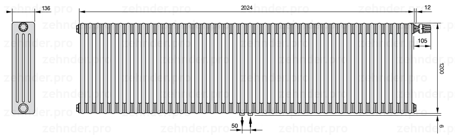 Схема (чертеж) Радиатор Zehnder Charleston 4120/44 №V008 Белый глянцевый RAL 9016